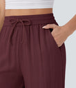 High Waisted Drawstring Pocket Wide Leg Baggy Casual Linen-Feel Pants - Zinfandel