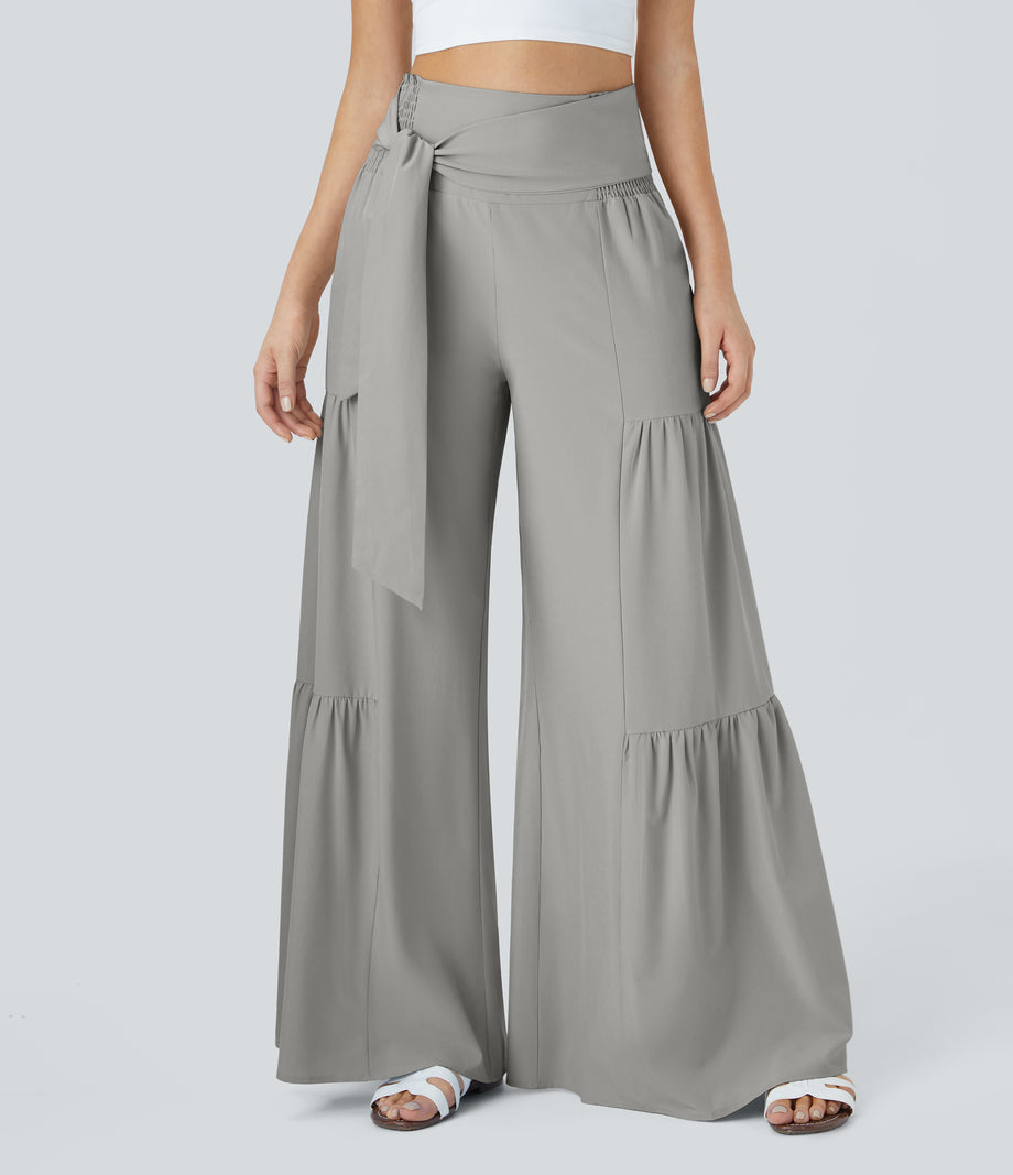Breezeful™ High Waisted Shirred Tie Front & Back Wide Leg Flowy Quick Dry Casual Pants - Ghost Gray