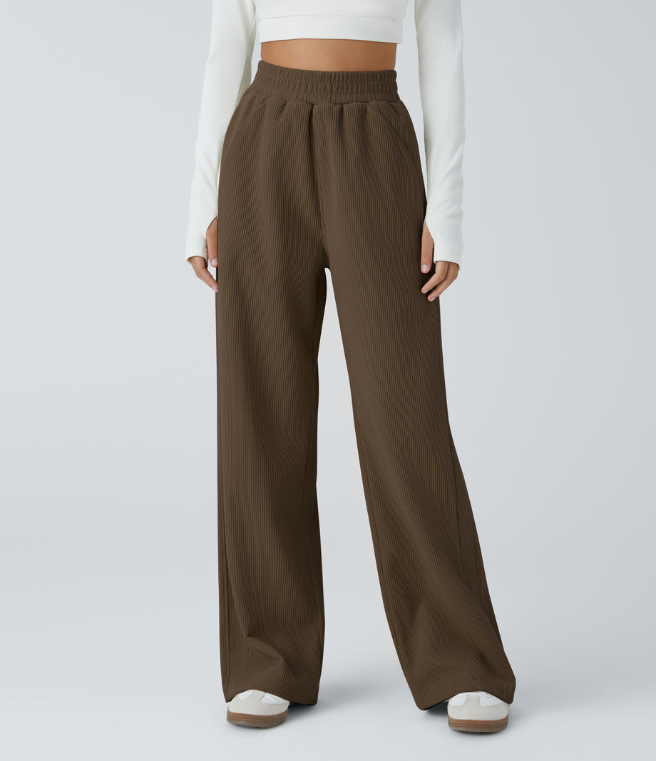 High Waisted Pocket Straight Leg Baggy Mop Corduroy Casual Pants - Dark Earthy Brown