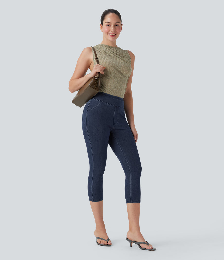 Halara Flex™ High Waisted Pocket Denim Capri Casual Leggings - Washed Denim Navy Blue
