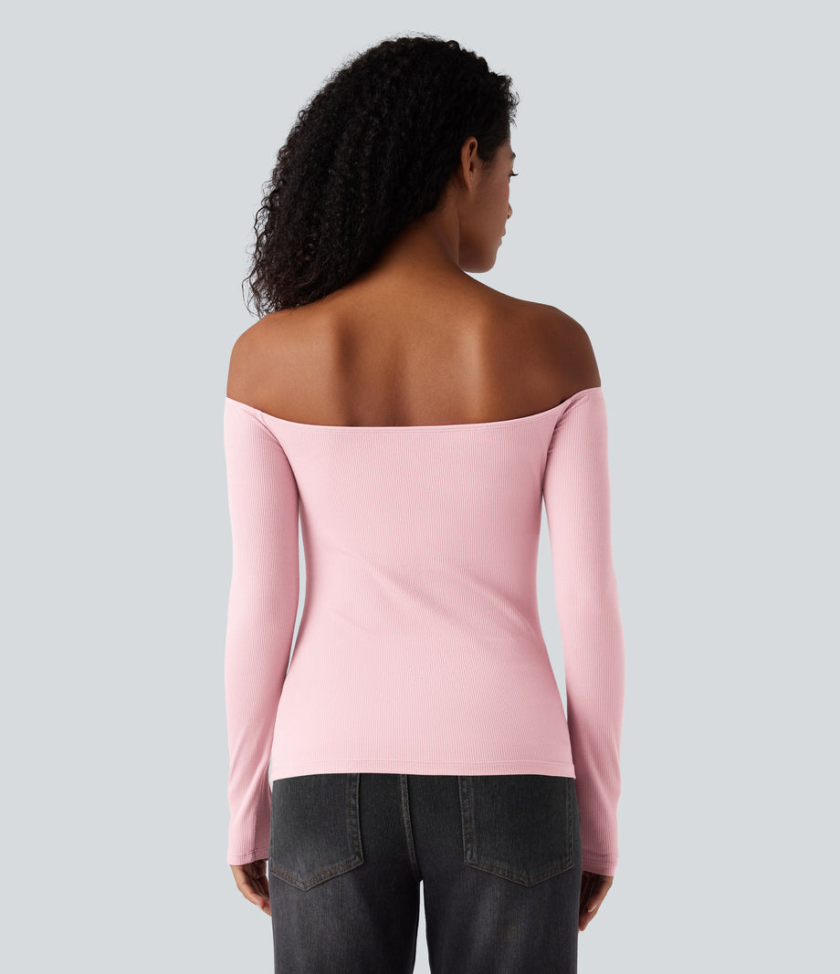 Ribbed Knit Off Shoulder Long Sleeve 2-in-1 Casual Top - Rose Haze Pink