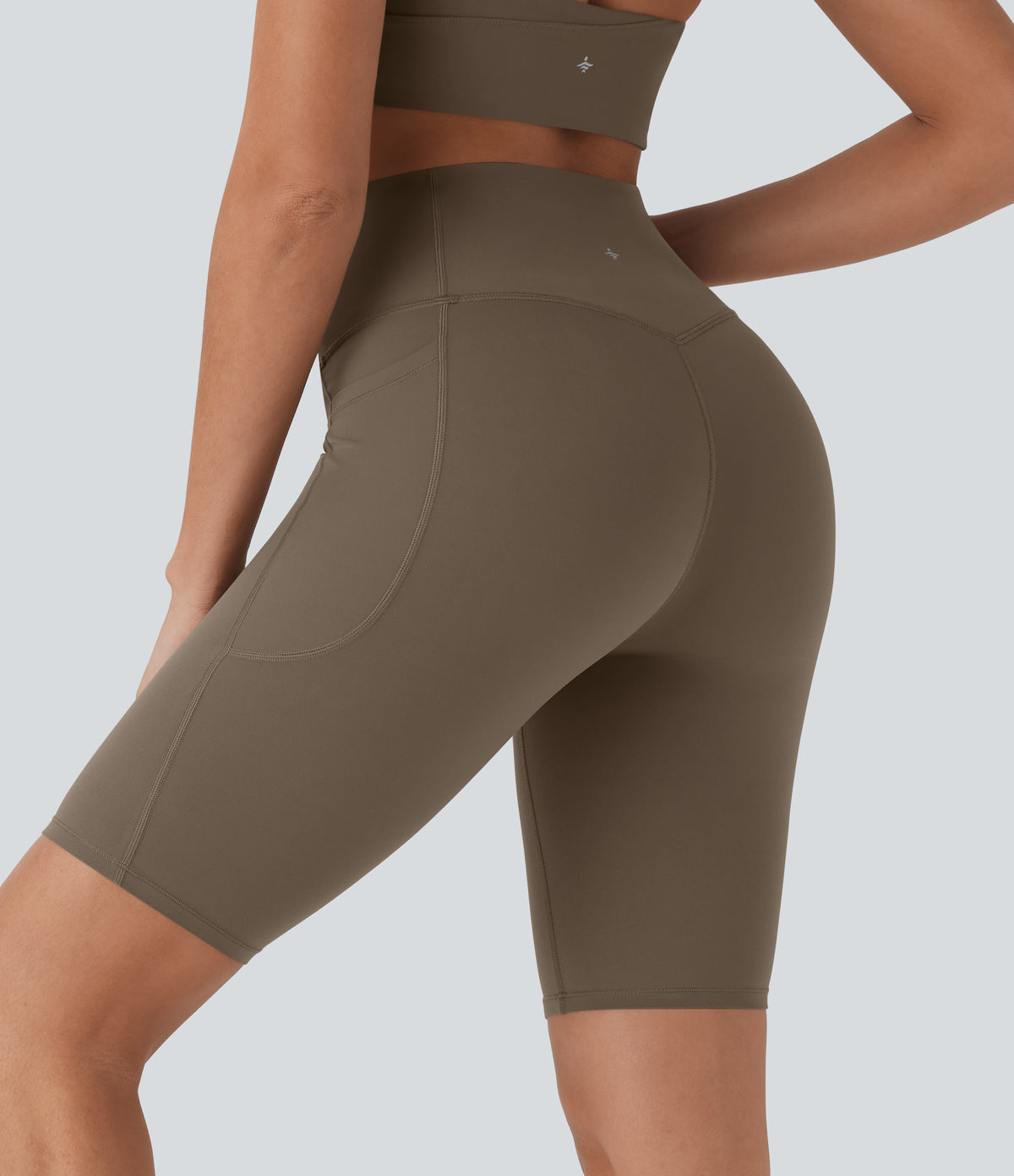 Halara UltraSculpt™ High Waisted Tummy Control Pocket Shaping Training Biker Shorts 9'' - Dawn Brown