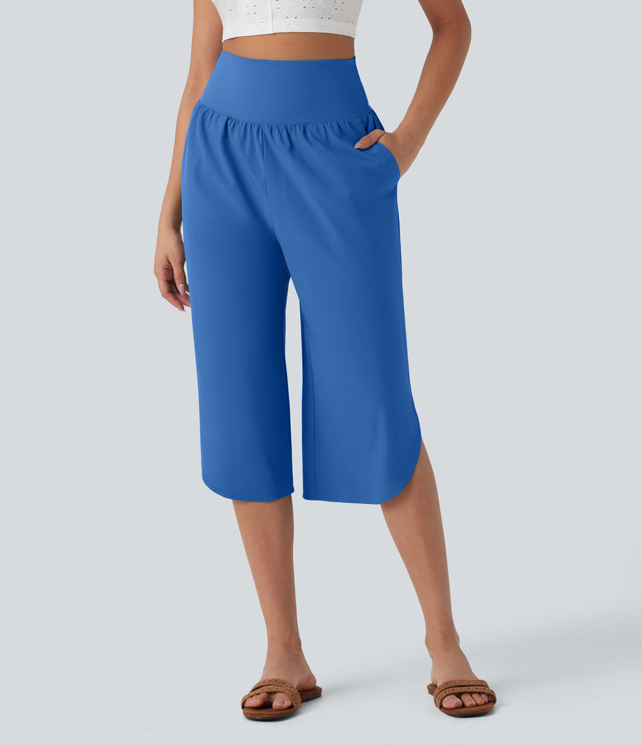 Breezeful™ High Waisted Tummy Control Hem Quick Dry Capri Pants with Pockets - Nebulas Blue