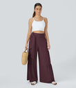 Breezeful™ High Waisted Shirred Tie Front & Back Wide Leg Flowy Quick Dry Casual Pants - Deep Crimson