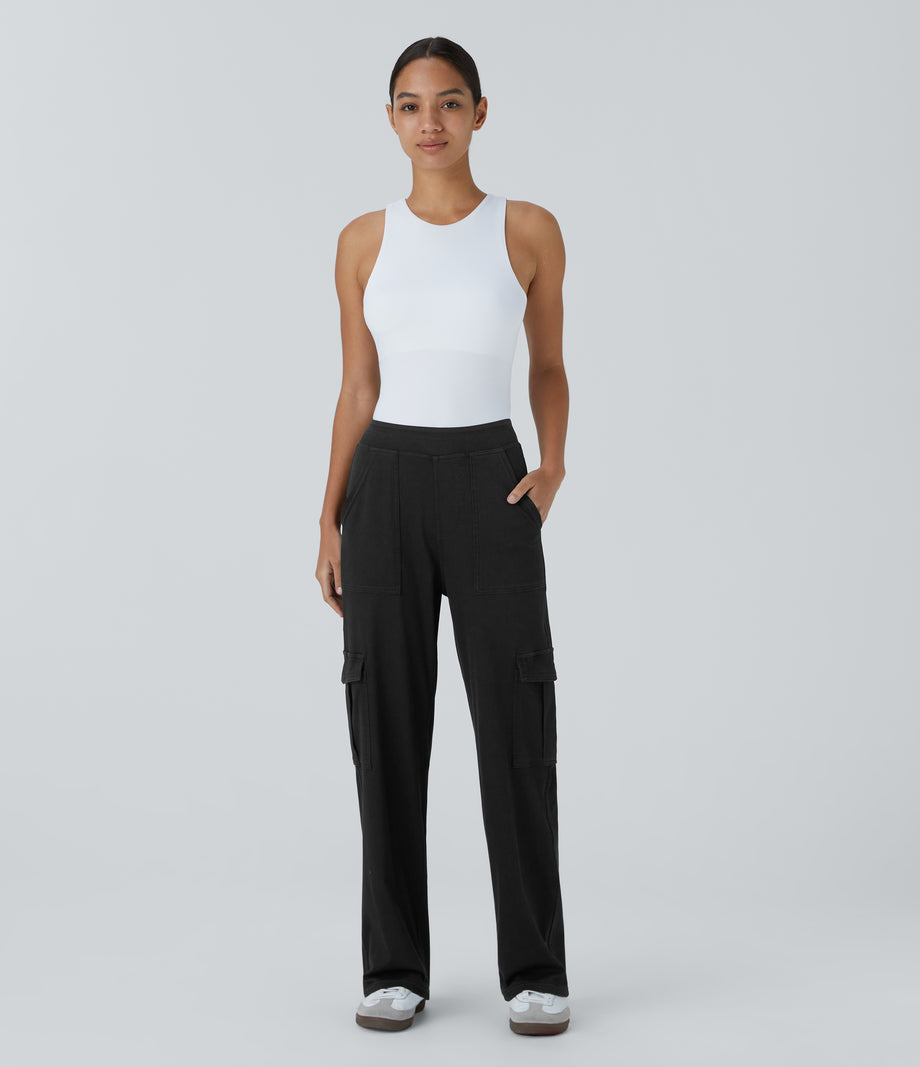 Halara Flex™ Mid Rise Pockets Straight Leg Casual Cargo Jeans - Black Denim