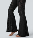 SoftlyZero™ High Waisted Crossover Pocket Contrast Lace Flare Yoga Leggings - Black