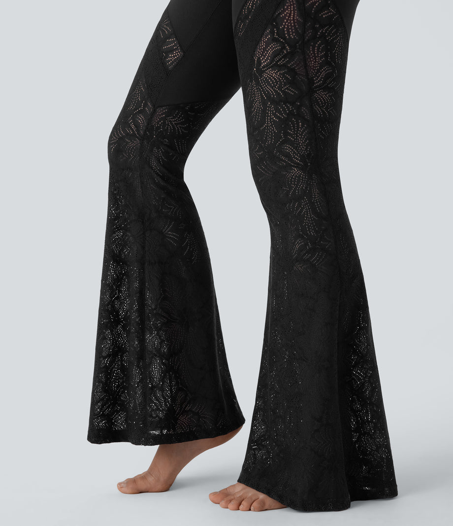 SoftlyZero™ High Waisted Crossover Pocket Contrast Lace Flare Yoga Leggings - Black