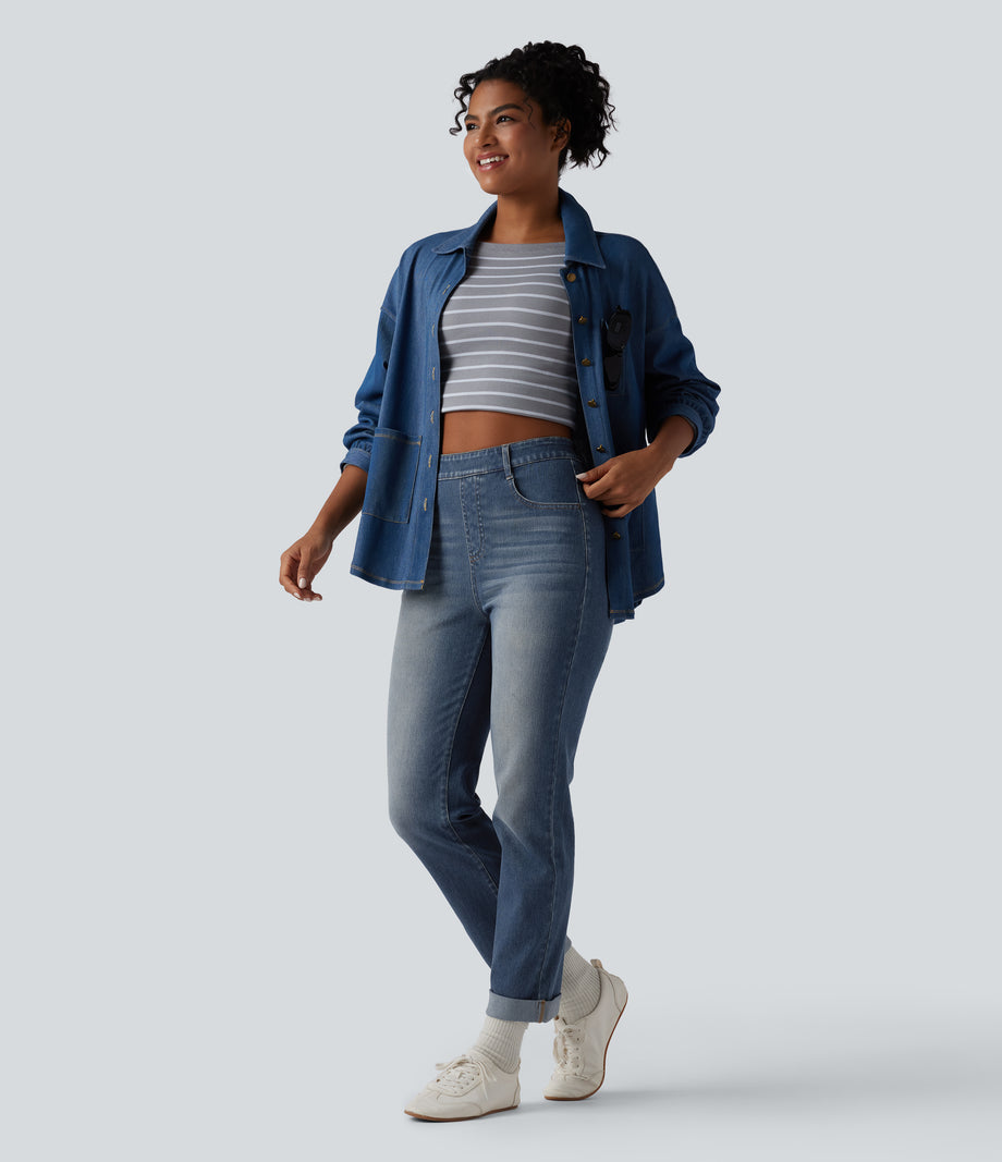Halara Flex™ High Waisted Rolled Hem Casual Slim Jeans with Pockets - Blue Surf Denim