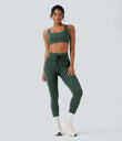 High Waisted Drawstring Striped Yoga Leggings with Pockets - Deep Pine Green
