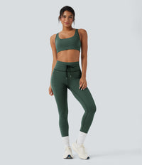 High Waisted Drawstring Striped Yoga Leggings with Pockets - Deep Pine Green