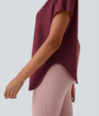 One Shoulder Short Sleeve Curved Hem High Low Quick Dry Yoga Sports Top - Tibetan Red
