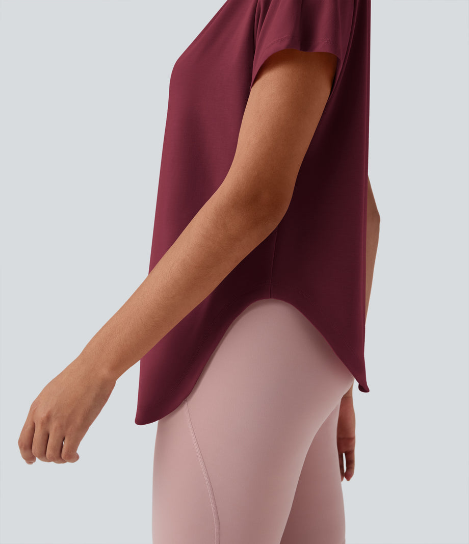 One Shoulder Short Sleeve Curved Hem High Low Quick Dry Yoga Sports Top - Tibetan Red