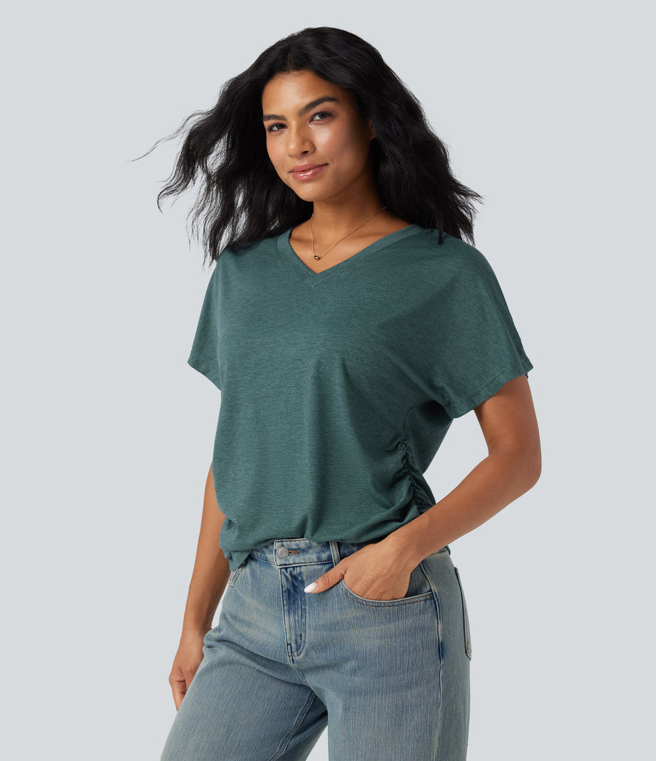 V-neck Short Sleeve Ruched Relaxed Casual Top - Jade Green Floral Yarn