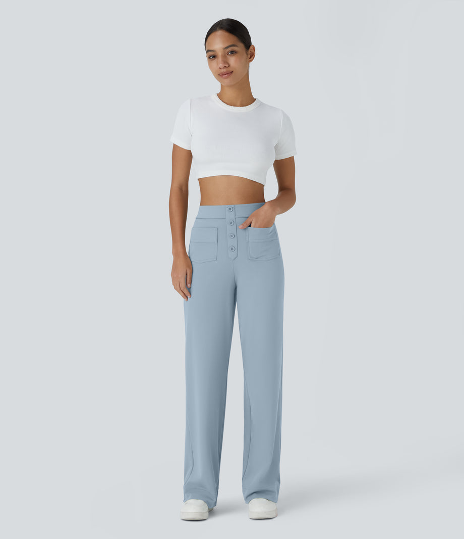 DayStretch High Waisted Pockets Straight Leg Casual Pants - Baby Blue