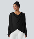 Hooded Cowl Neck Long Sleeve Thumb Hole Yoga Sports Top with Pockets - Black
