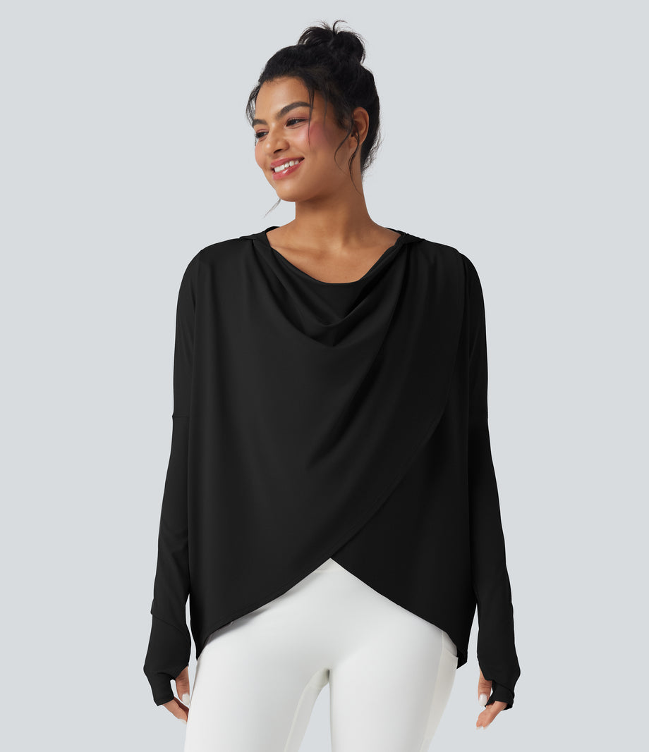 Hooded Cowl Neck Long Sleeve Thumb Hole Yoga Sports Top with Pockets - Black