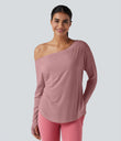 One Shoulder Long Sleeve Thumb Hole Curved Hem High Low Quick Dry Yoga Sports Top-Built-in Bra - Soft Berry
