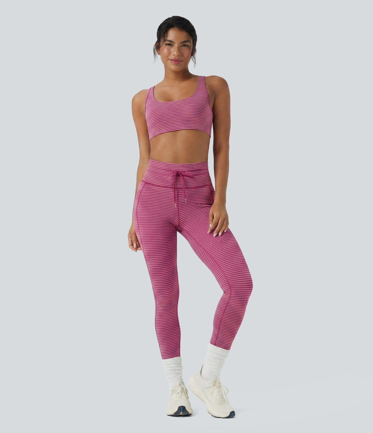 High Waisted Drawstring Striped Yoga Leggings with Pockets - Berry Stripe