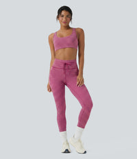 High Waisted Drawstring Striped Yoga Leggings with Pockets - Berry Stripe