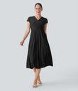 Breezeful™ V Neck Short Sleeve Pocket Tie Back Quick Dry Midi Casual Dress - Black