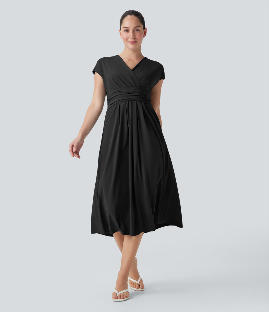 Breezeful™ V Neck Short Sleeve Pocket Tie Back Quick Dry Midi Casual Dress - Black
