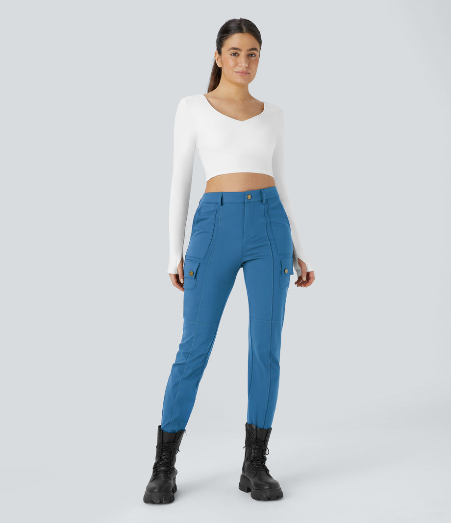 DayStretch High Waisted Zipper Pockets Solid Skinny Cargo Pants - Gloomy Blue