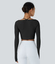 Ribbed Halter Strap Thumb Hole Cropped Yoga Sports Top - Black