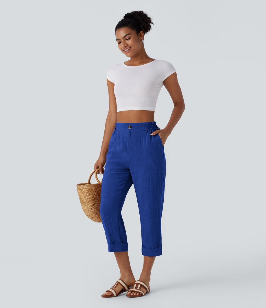 High Waisted Zipper Pocket Cropped Linen-Feel Pants - Surf the Web