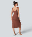 SoftlyZero™ Airy Square Neck Backless Corset Ruched Split Bodycon Midi Cool Touch Bridesmaid and Wedding Guest Dress - Sequoia