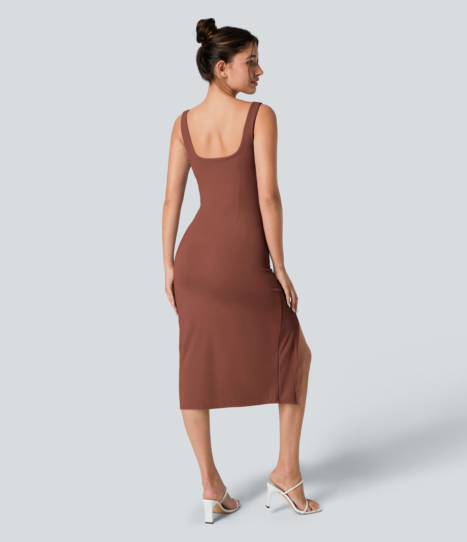 SoftlyZero™ Airy Square Neck Backless Corset Ruched Split Bodycon Midi Cool Touch Bridesmaid and Wedding Guest Dress - Sequoia