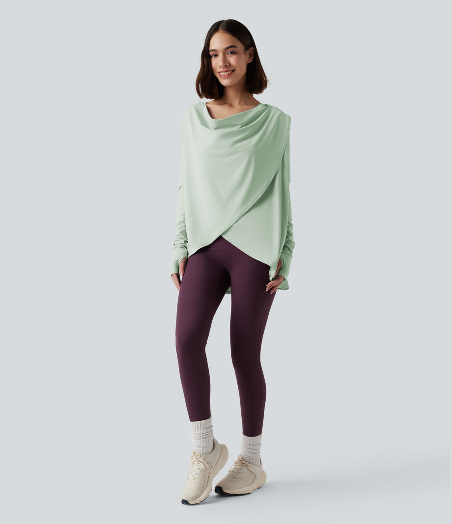 Hooded Cowl Neck Long Sleeve Thumb Hole Yoga Sports Top with Pockets - Dewkist