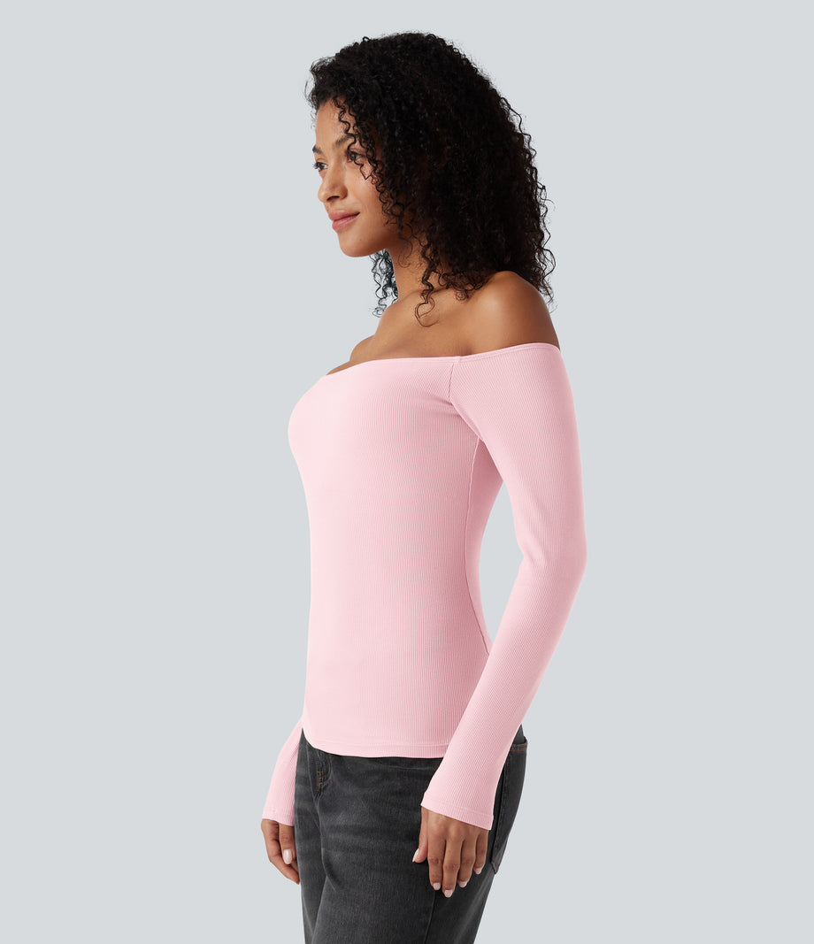 Ribbed Knit Off Shoulder Long Sleeve 2-in-1 Casual Top - Rose Haze Pink
