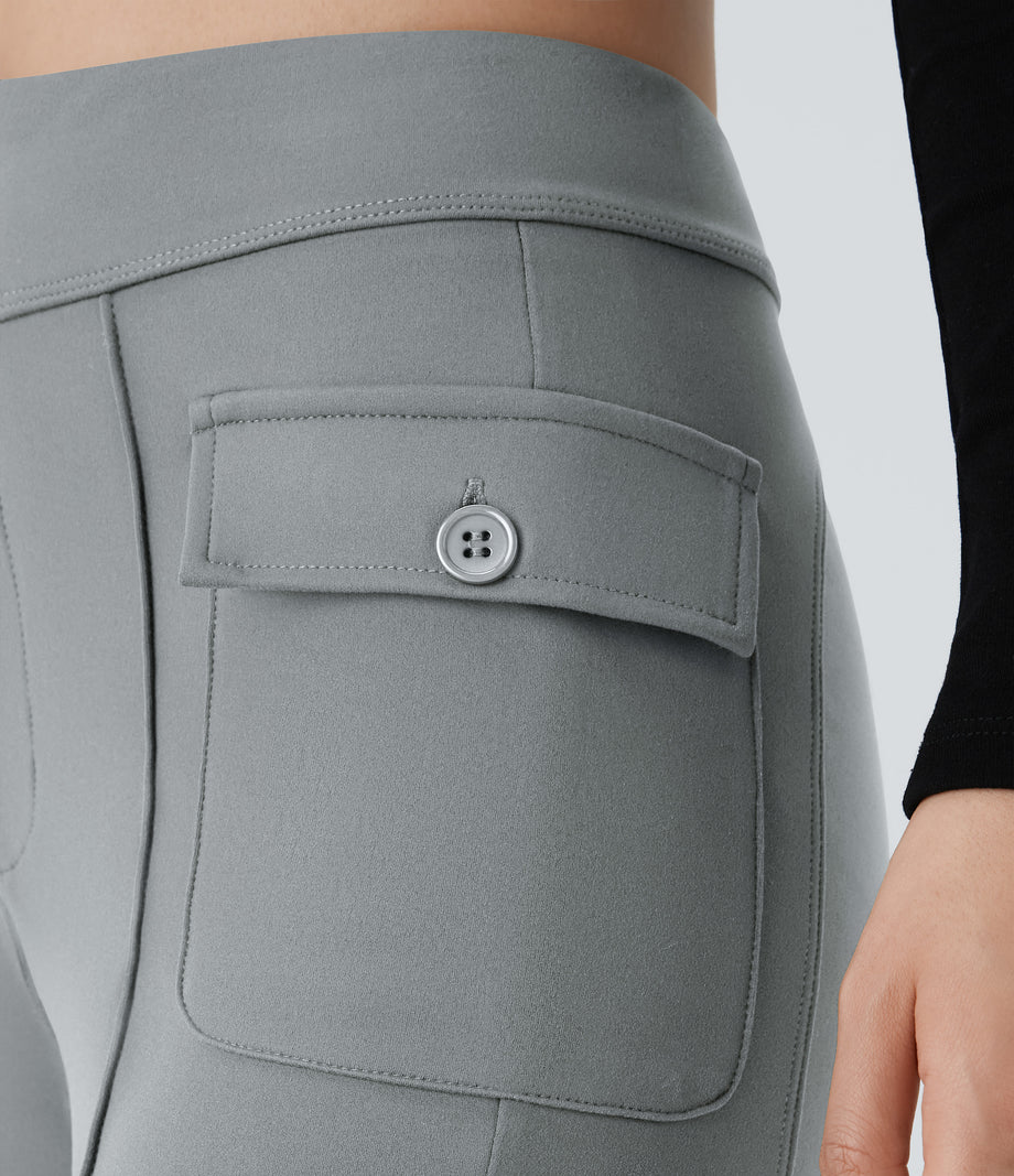 High Waisted Side Flap Pocket Flare Casual Cargo Pants - Brick Gray