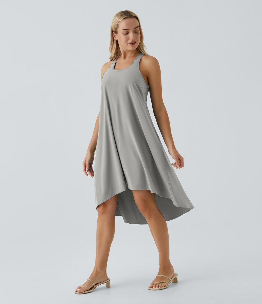 Breezeful™ Backless Racerback Side Pocket High Low Flowy Midi Quick Dry Casual Dress - Dust Gray
