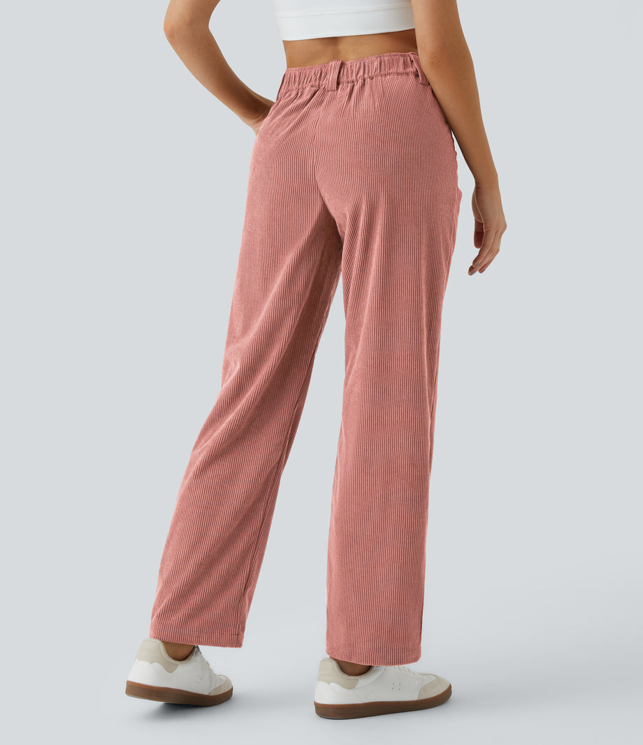 Mid Rise Zipper Pocket Corduroy Casual Pants - Desert Sand
