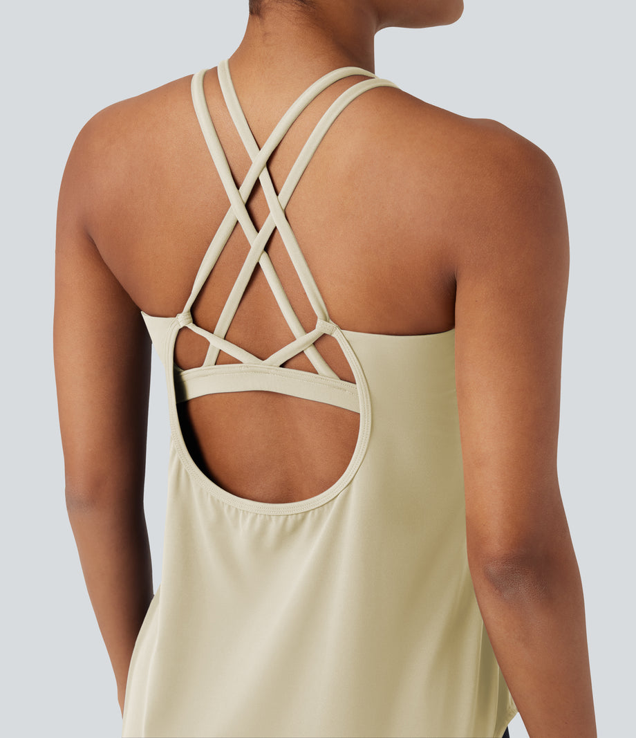 Halara UltraSculpt™ Round Neck Crisscross Back Running Tank Tops DD-F Cups - Almond Milk