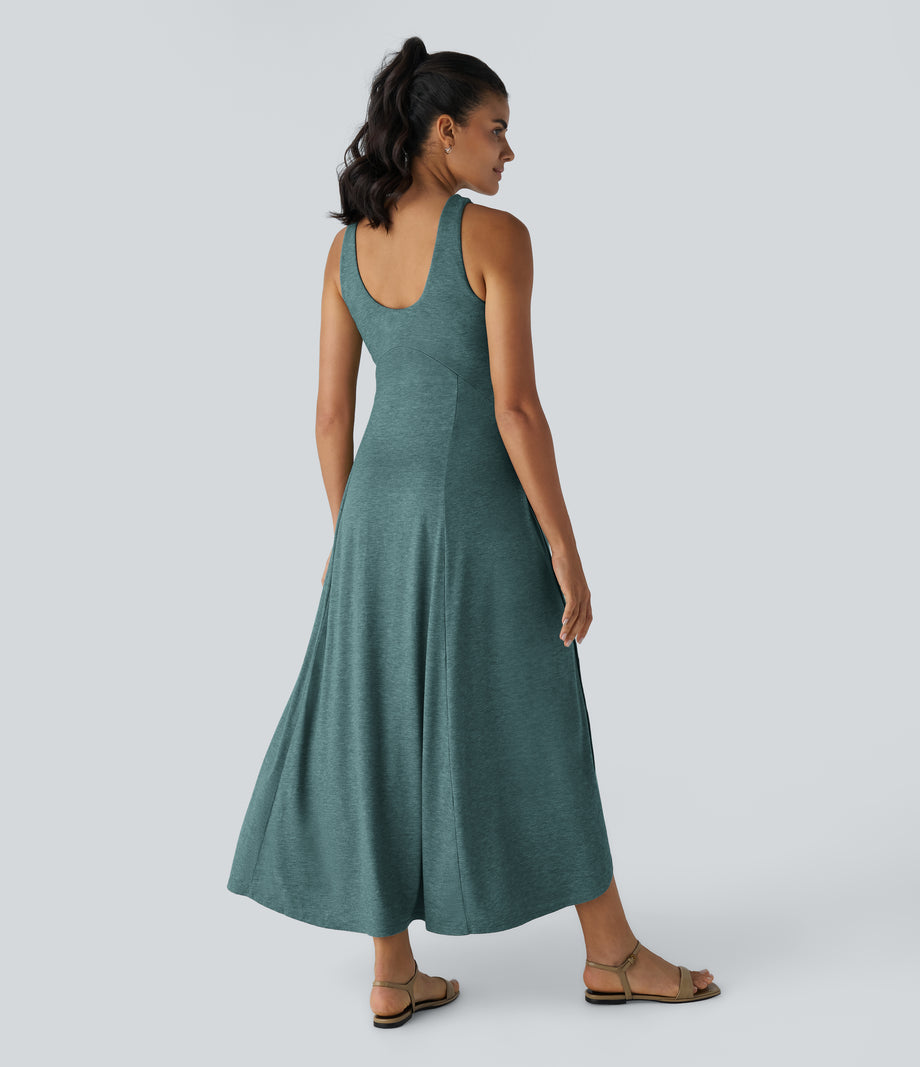 U Neck Flowy Maxi Casual Tank Dress - Jade Green Floral Yarn