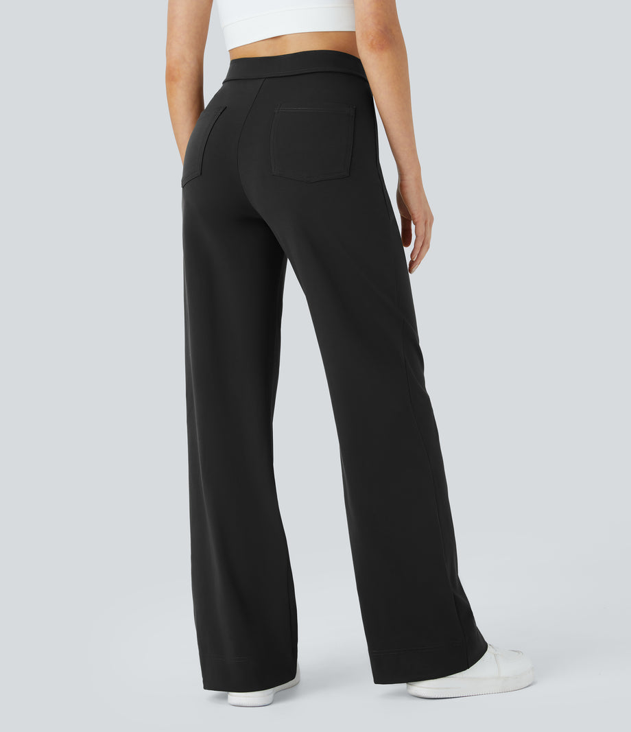 DayStretch High Waisted Pockets Straight Leg Casual Pants - Black