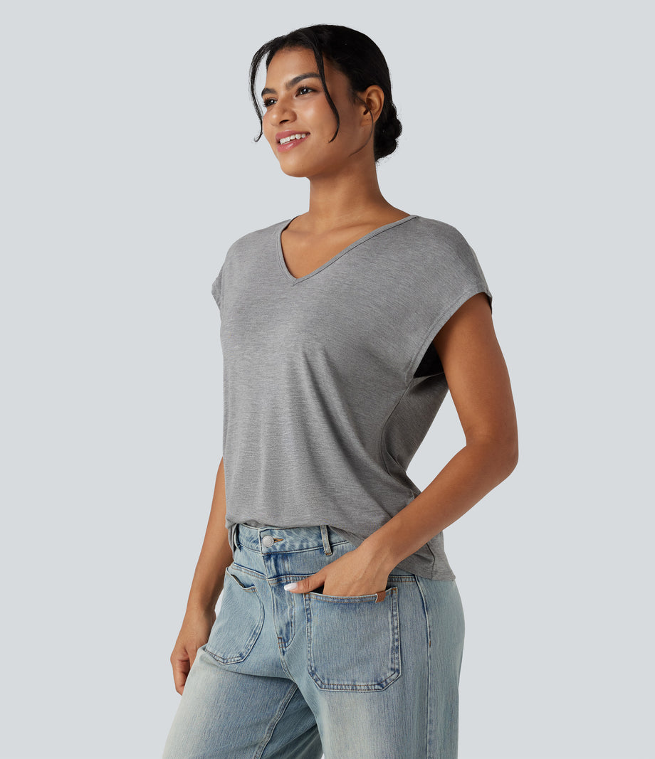 V Neck Short Sleeve Casual T-Shirt - Fog Gray