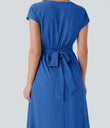 Breezeful™ V Neck Short Sleeve Pocket Tie Back Quick Dry Midi Casual Dress - Nebulas Blue