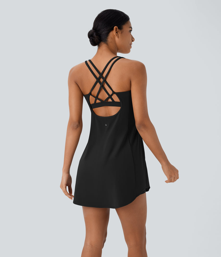 SoftlyZero™ Plush Cut Out Pocket 2-Piece Mini Yoga Active Dress - Black