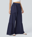 Breezeful™ High Waisted Shirred Tie Front & Back Wide Leg Flowy Quick Dry Casual Pants - Black Diamond Blue