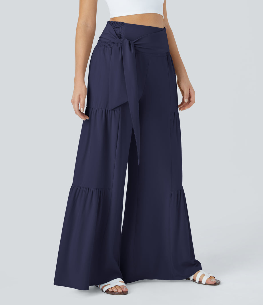 Breezeful™ High Waisted Shirred Tie Front & Back Wide Leg Flowy Quick Dry Casual Pants - Black Diamond Blue