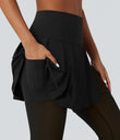 Breezeful™ High Waisted Pleated 2-in-1 Contrast Mesh Quick Dry Dance Stirrup Skirted Leggings with Pockets - Black