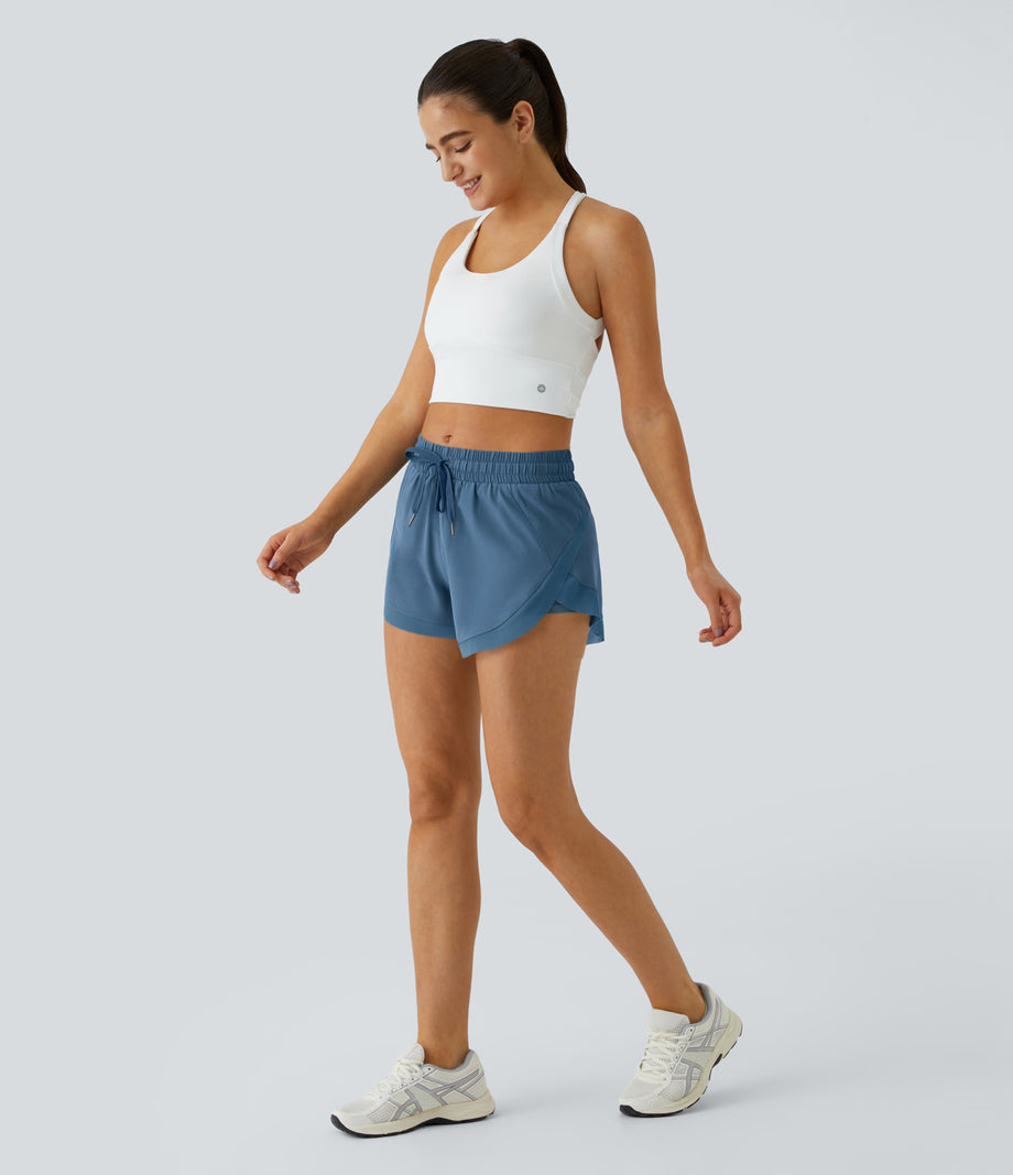 Mid Rise Drawstring Contrast Mesh 2-in-1 Flowy Running Shorts 3'' - Blue Heaven