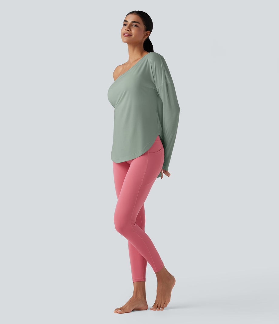 One Shoulder Long Sleeve Thumb Hole Curved Hem High Low Quick Dry Yoga Sports Top-Built-in Bra - Iceberg Green