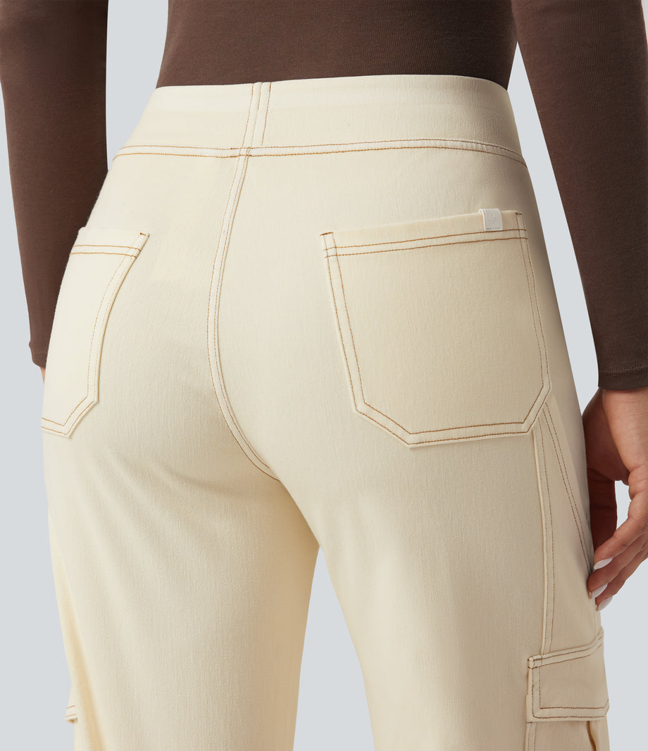 Halara Flex™ Mid Rise Pockets Straight Leg Casual Cargo Jeans - Khaki White Denim