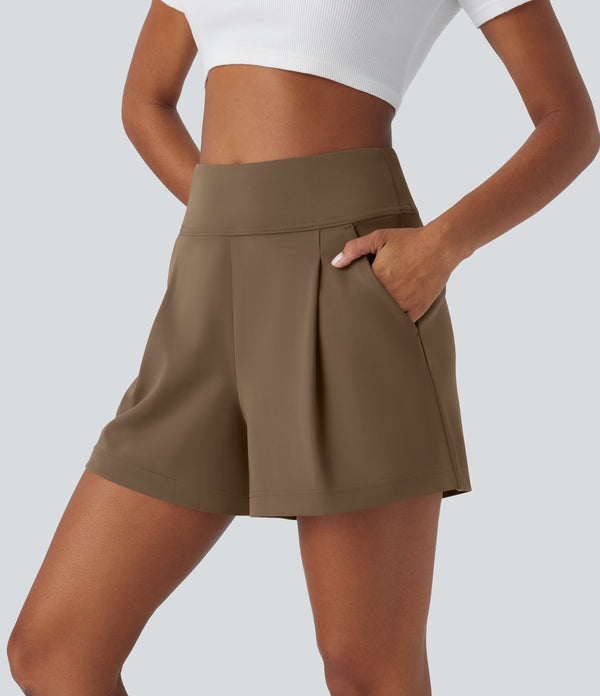 DayStretch High Waisted Work Baggy Shorts 4'' with Pockets - Sepia