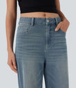 Halara Flex™ High Waisted Pockets Rolled Hem Wide Leg Washed Casual Jeans - Blue Surf Denim
