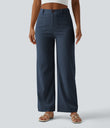 High Waisted Straight Leg Casual Linen-Feel Pants with Pockets - Deep Secluded Blue